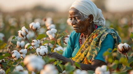 An elderly woman carefully picking cotton in a beautiful field during the golden hour. The warm sunlight highlights the delicate cotton plants creating a serene and peaceful atmosphere.

