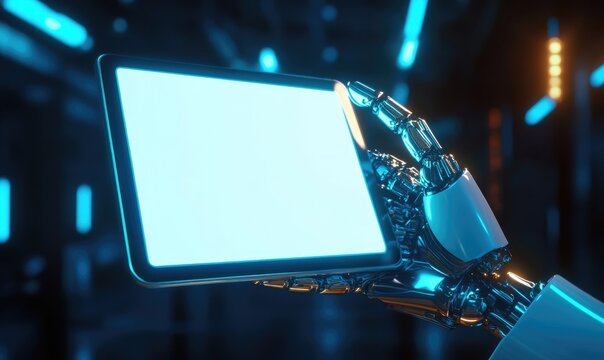 Robotic hand holding a tablet, blank screen