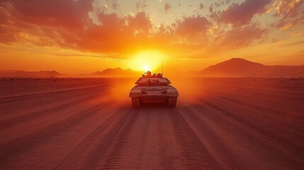 A tank moving through a sun-drenched desert, its tracks leaving deep impressions in the sand as a sandstorm looms on the horizon.