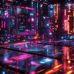 Obraz premium Futuristic digital interface with vibrant neon lights, perfect for technology and innovation themes.