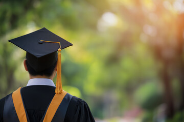 Asian male student wearing a cap and gown during a graduation ceremony, with a blurred background, copy space concept.