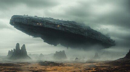 A futuristic tank hovering above a cracked and desolate alien landscape, with distant mountains silhouetted against a dark, stormy sky.