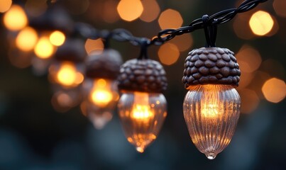 Fototapeta premium String lights with glass acorns, warm autumn background