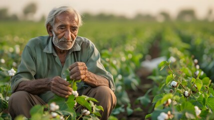 An elderly farmer sitting in a lush cotton field, carefully picking cotton buds as the warm sunlight casts a golden hue over the landscape, creating a serene and nostalgic atmosphere of agricultural l