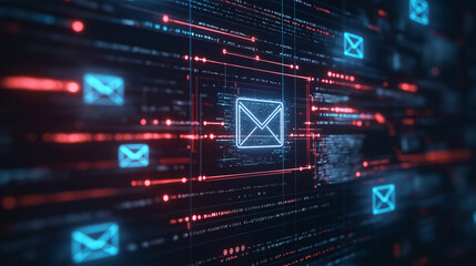 Obraz premium Digital representation of email communication in a futuristic cityscape