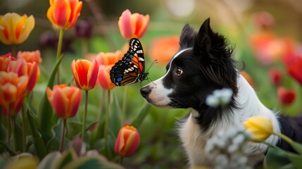 A delightful scene of a curious dog gazing at a colorful butterfly amidst a vibrant garden of blooming tulips, capturing the essence of nature's beauty and the wonders of companionship.

