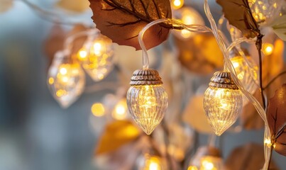 Obraz premium Warm white string lights with glass acorns, autumn theme