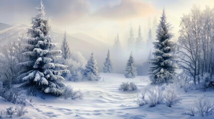 Fototapeta premium Winter Wonderland with Snowy Pine Trees