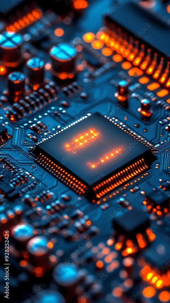 Poster close-up of a glowing computer chip on a circuit board.