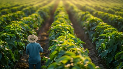 A farmer wearing a straw hat walking through a lush green field of plants bathed in warm sunlight, enjoying the beauty of nature and the tranquility of rural life in a vibrant agricultural landscape.