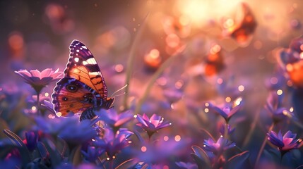 A vibrant butterfly with delicate wings rests on a bed of colorful flowers, bathed in warm sunlight, creating a scene of pure natural beauty and tranquility.


