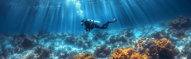 Underwater Scuba Diver Exploring a Vibrant Coral Reef