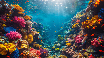 Fototapeta premium Vibrant Coral Reef Underwater Scene with Colorful Marine Life and Sunlight Rays