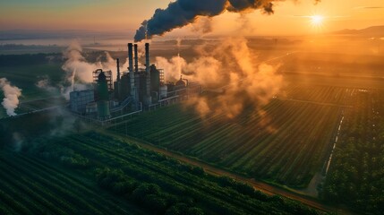A large industrial plant spews thick black smoke into the air at sunset, contrasting with the green fields below, highlighting the impact of human activity on the environment.


