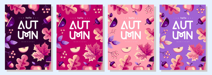Naklejka premium Set of retro flat autumn party posters with autumn floral attributes. Seasonal sale poster. Vector illustration