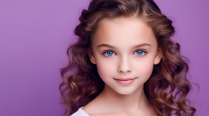 Naklejka premium Portrait of a chic cute beautiful baby girl with perfect skin, purple background, banner.