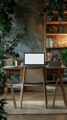 A laptop computer sitting on a wooden desk in front of plants, AI
