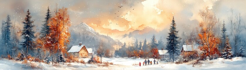 A serene winter landscape featuring cozy houses, snow-covered trees, and a vibrant sunset sky, perfect for holiday themes.