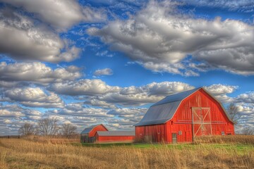 Barns. Beautiful Red Barns on a Farm in Rural Indiana Under a Blue Sky