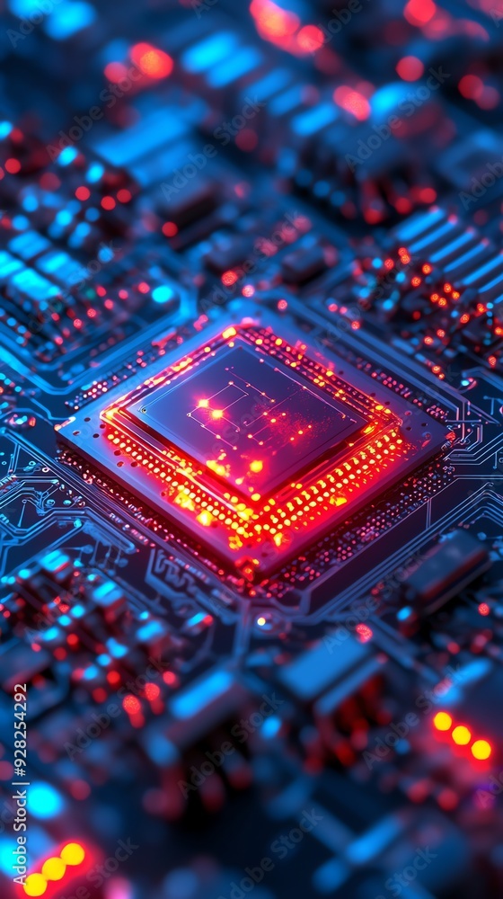 Poster Closeup of glowing red processor chip on circuit board.