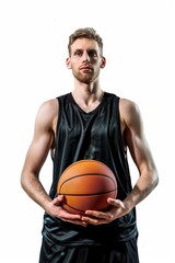 Basketball Player. Sportive Man Holding Ball, Looking at Camera in Caucasian Isolated Portrait