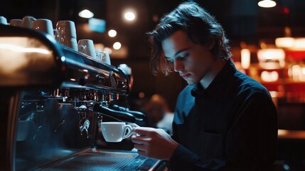 Naklejka premium A man in black shirt pouring coffee into a cup at the counter, AI
