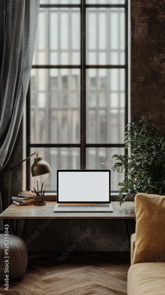 Poster a laptop computer sitting on a desk in front of an open window, ai