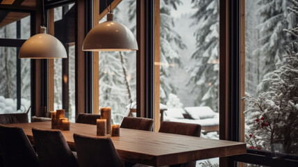 A beautifully set dining table with candles, glassware, and winter-themed decor by a large window overlooking a snowy forest. Christmas dining concept.