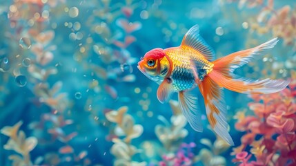 Fototapeta premium high-resolution photograph of a beautiful goldfish swimming in clear water, surrounded by colorful corals and bubbles, capturing the vibrant underwater world with fine details against a blue backgroun