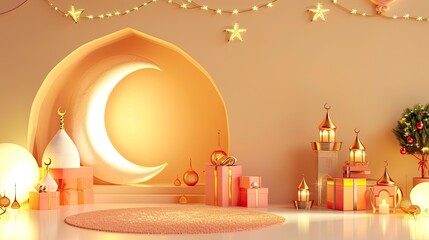 Ramadan Festive Background with Crescent Moon, Lanterns, and Gifts