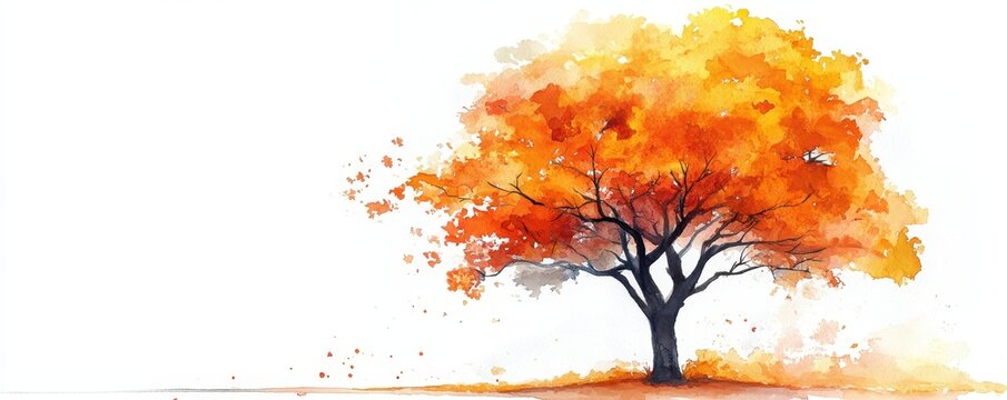 Watercolor hand drawn of autumn trees,red maple tree on white background,hand drawn watercolor vector illustration,Autumn forest path,red orange foliage in fall forest.