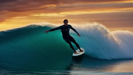 A surfer riding a big wave at sunset. Great for extreme sports, adventure travel and beach lifestyle.