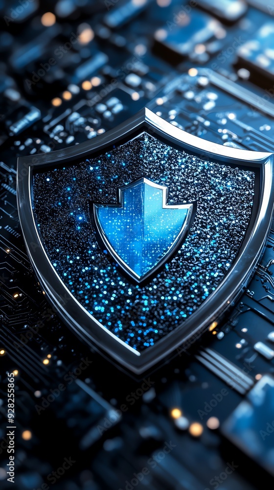 Poster cybersecurity shield on circuit board.