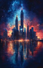 Fototapeta premium A stunning city skyline illuminated by cosmic colors, reflecting on a serene water surface, showcasing a blend of urban and celestial beauty.