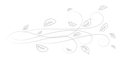 Doodle autumn leaves flying in the wind. Falling season outline backdrop, air flow leaves wave linear pattern or wind blowing doodle vector print. Autumn windy weather hand drawn monochrome background