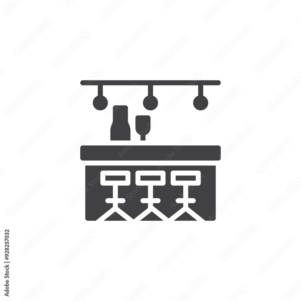 Poster bar counter with stools and glasses vector icon