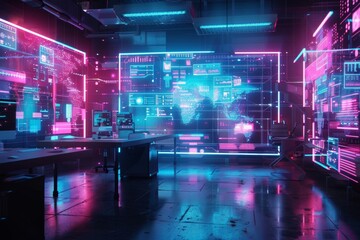 A video conference features futuristic transparent screens with bright neon accents, rendered in digital art.