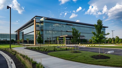 Obraz premium Modern office building with a glass facade and landscaped grounds. The building is surrounded by a lawn, trees, and a parking lot.