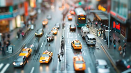 NYC traffic jam at night, yellow taxis blur amidst fast-moving cars on the busy highway