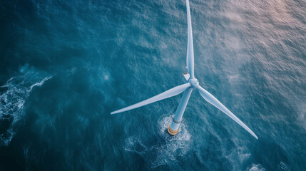 Fototapeta premium Aerial view of a wind turbine in ocean waters during daylight hours
