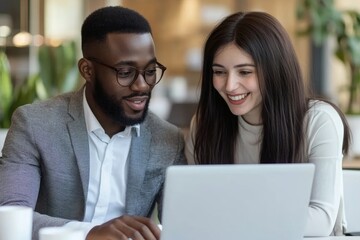 Fototapeta premium Two smart multiethnic business people working together with laptop while talking about job news in the office, Generative AI