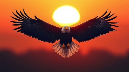 Fototapeta premium Bald Eagle Soaring at Sunset with Sun in Background