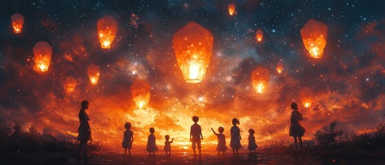 A stunning sunset scene with silhouettes of people releasing glowing lanterns into a starry sky, creating a magical atmosphere.