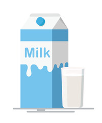 Carton pack and glass of fresh milk in flat cartoon style