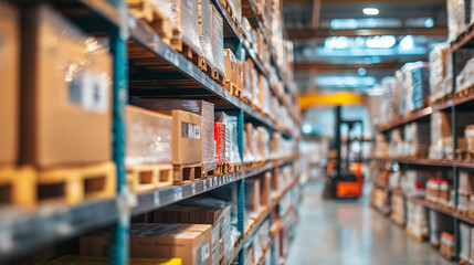 Boxes stacked on shelves in a busy warehouse with a forklift moving through the rows during the daytime
