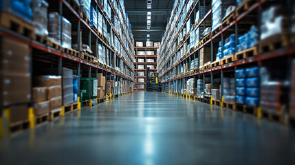 Forklift navigating through a busy warehouse aisle lined with stacked pallets of goods during daylight