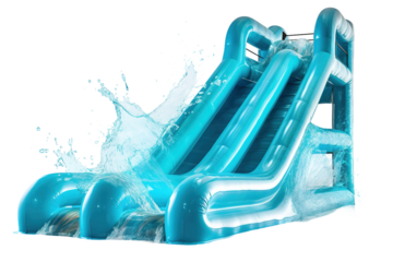 A Splashing Good Time on the Blue Inflatable Water Slide on a White or Clear Surface PNG Transparent Background.
