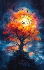 Fototapeta premium A vibrant autumn tree against a surreal clock and sun backdrop, blending nature and time in an enchanting landscape.