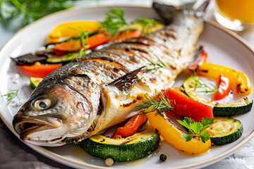 Plate of grilled fish with steamed vegetables