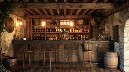 Rustic tavern interior with wooden bar bar stools and liquor bottles on shelves for warm inviting brick and stone wall design concept.